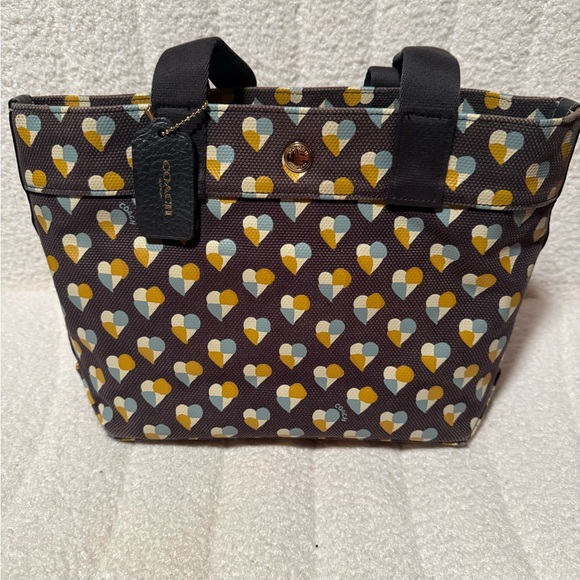 Coach Handbags - Coach Heart Pattern Tote - Black, Yellow, and Light Blue